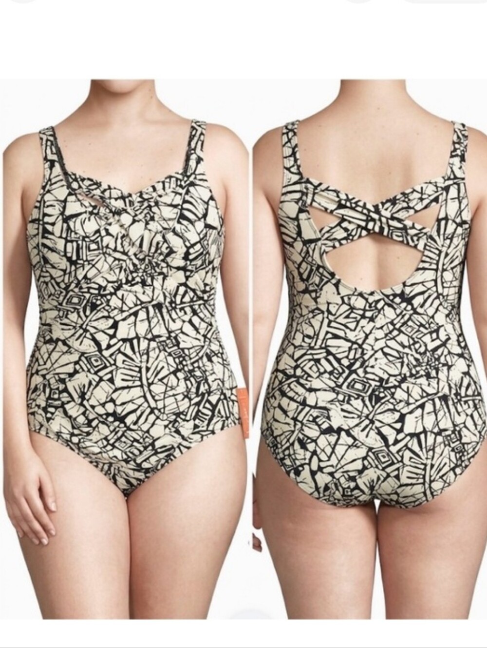 Lands’ End Carmela Tummy Control One Piece Swimsuit Black Ivory Ruched Size 16